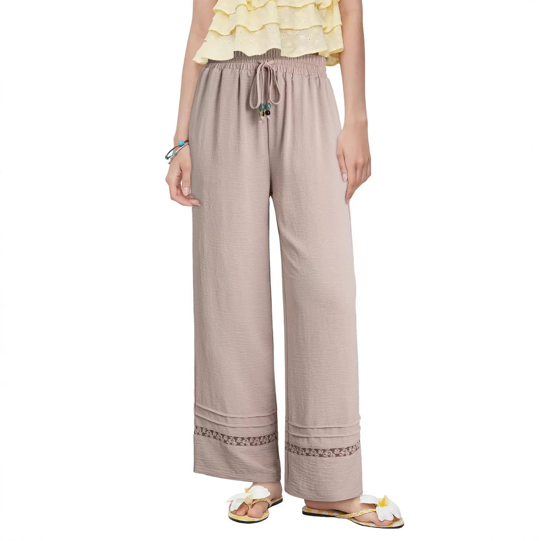 Women's wide linen-look pants with high elastic waistband, drawstring and lace insert Mune Fashion