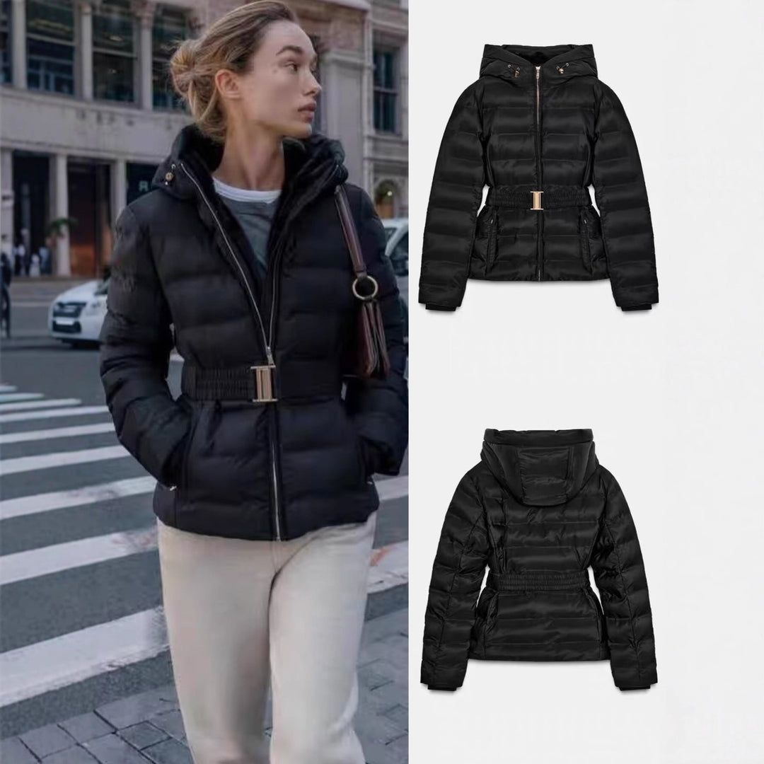 Women's Shiny Down-Look Quilted Jacket with Hood and Tailored Drawstring Belt Mune Fashion