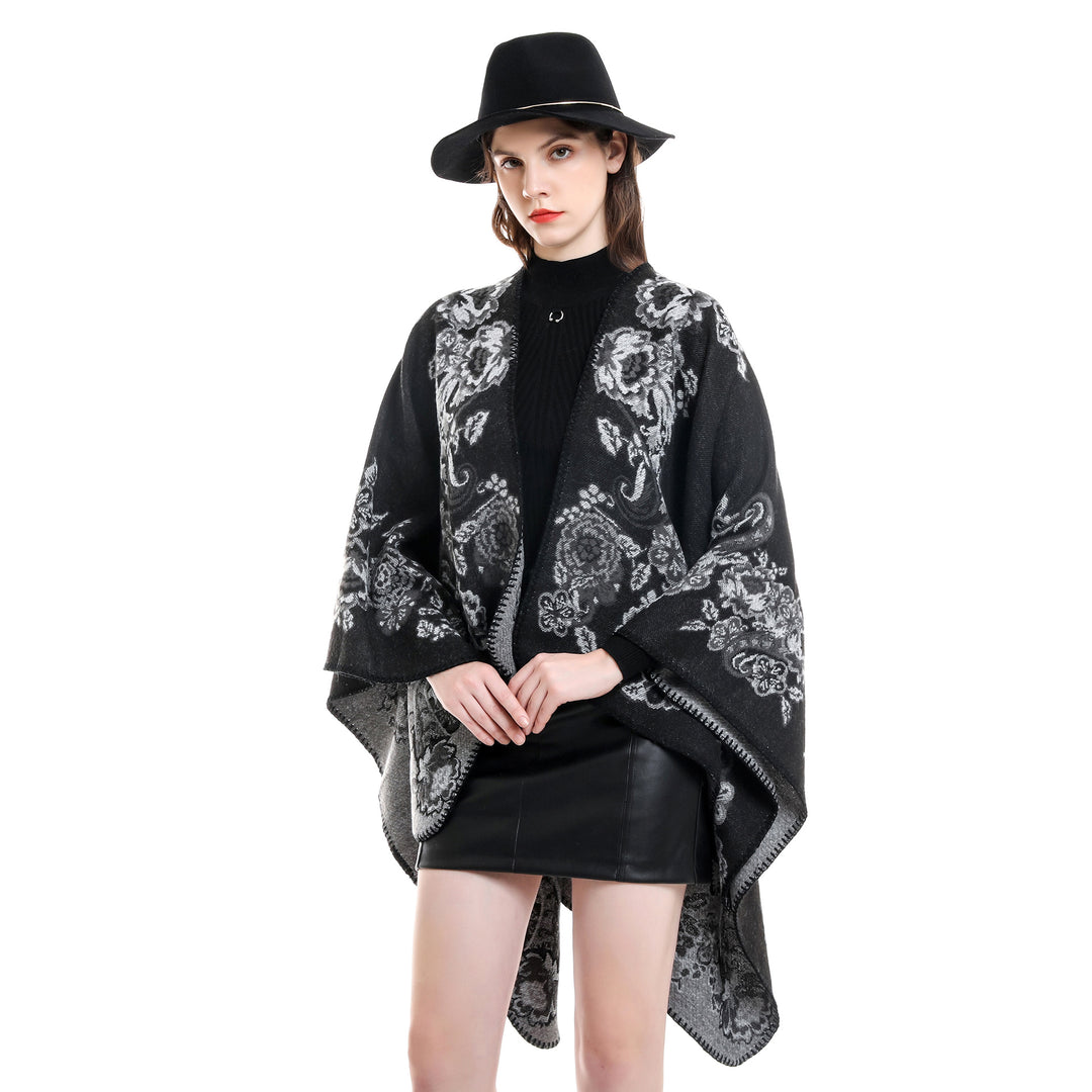 Women's Reversible Knit Cloak with Floral Jacquard Weave and Decorative Chain Stitching