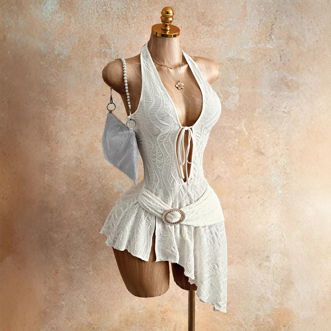 Women's figure-hugging halter mini dress with lacing, cut-out, and asymmetrical wrap skirt Mune Fashion