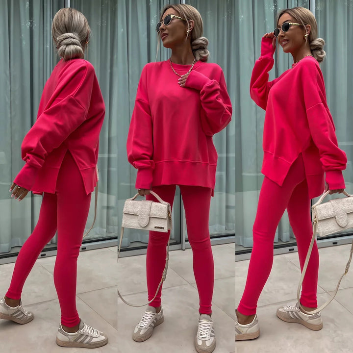 Women comfortable oversized lounge set with long sweatshirt, ribbed high-waist leggings and extended cuffs Mune Fashion