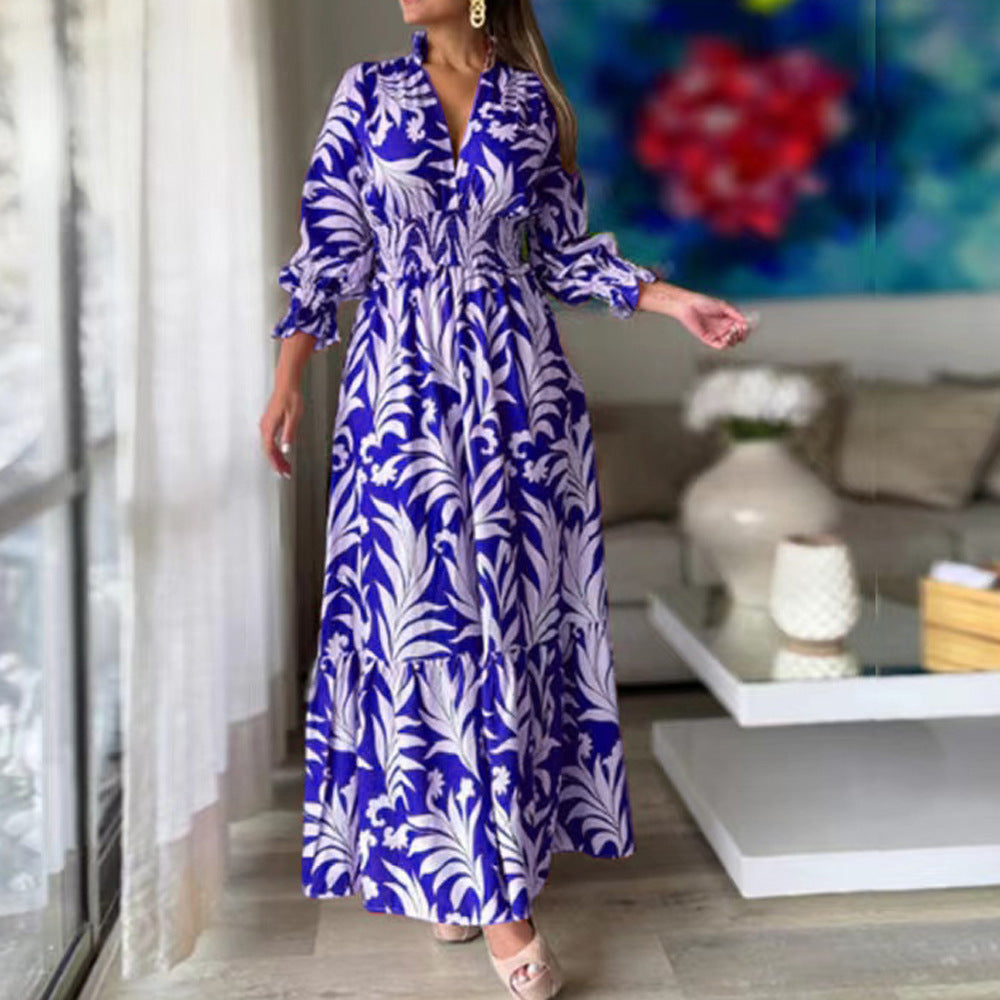 Women Long Maxi Dress with V-Neck, Elastic Smocked Waistband, Tiered Skirt, and Balloon Sleeves Drune