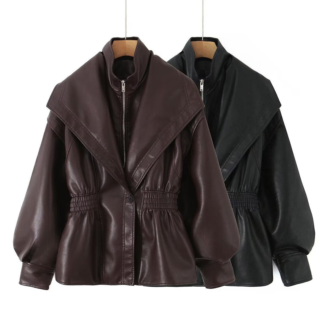 Women's Faux Leather Jacket with Wide Shawl Collar and Gathered Waistband Mune Fashion