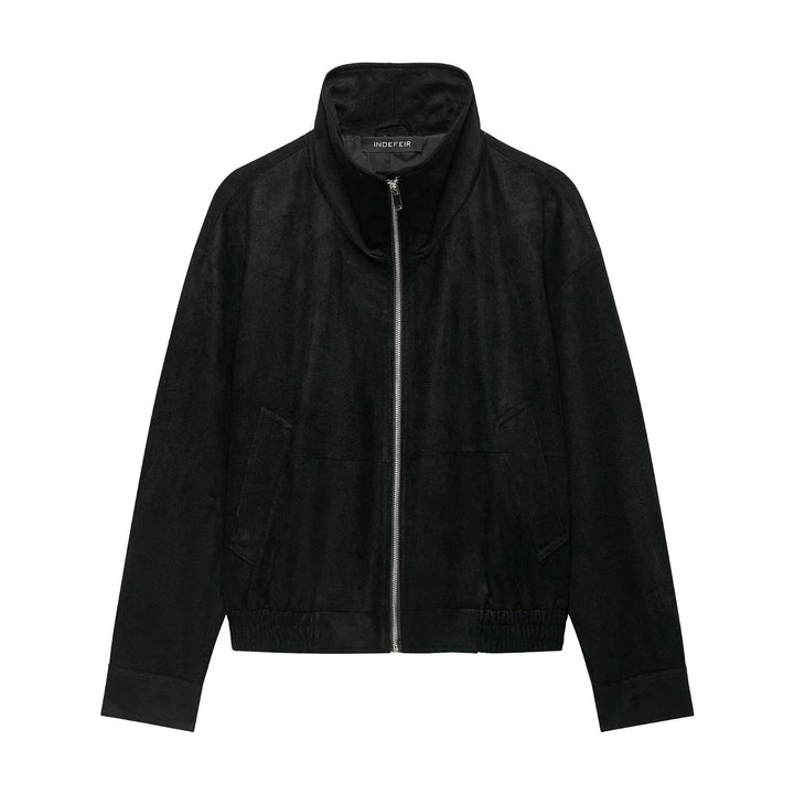 Women's Suede Look Bomber Jacket with High Funnel Collar and Elastic Cuffs