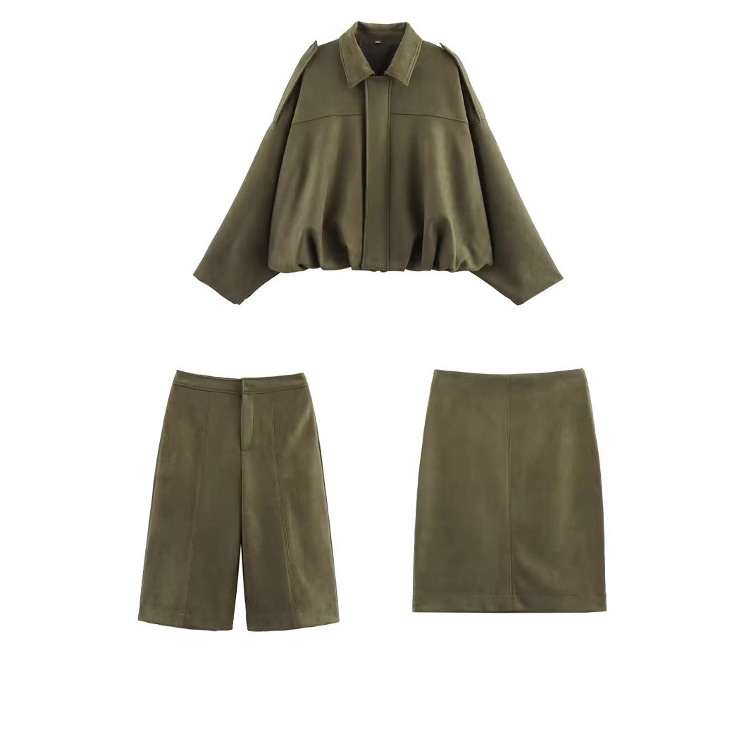 Women's Oversized Suede Blouson with Cropped Hem and Epaulettes Mune Fashion