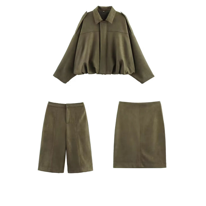 Women's Oversized Suede Blouson with Cropped Hem and Epaulettes Mune Fashion