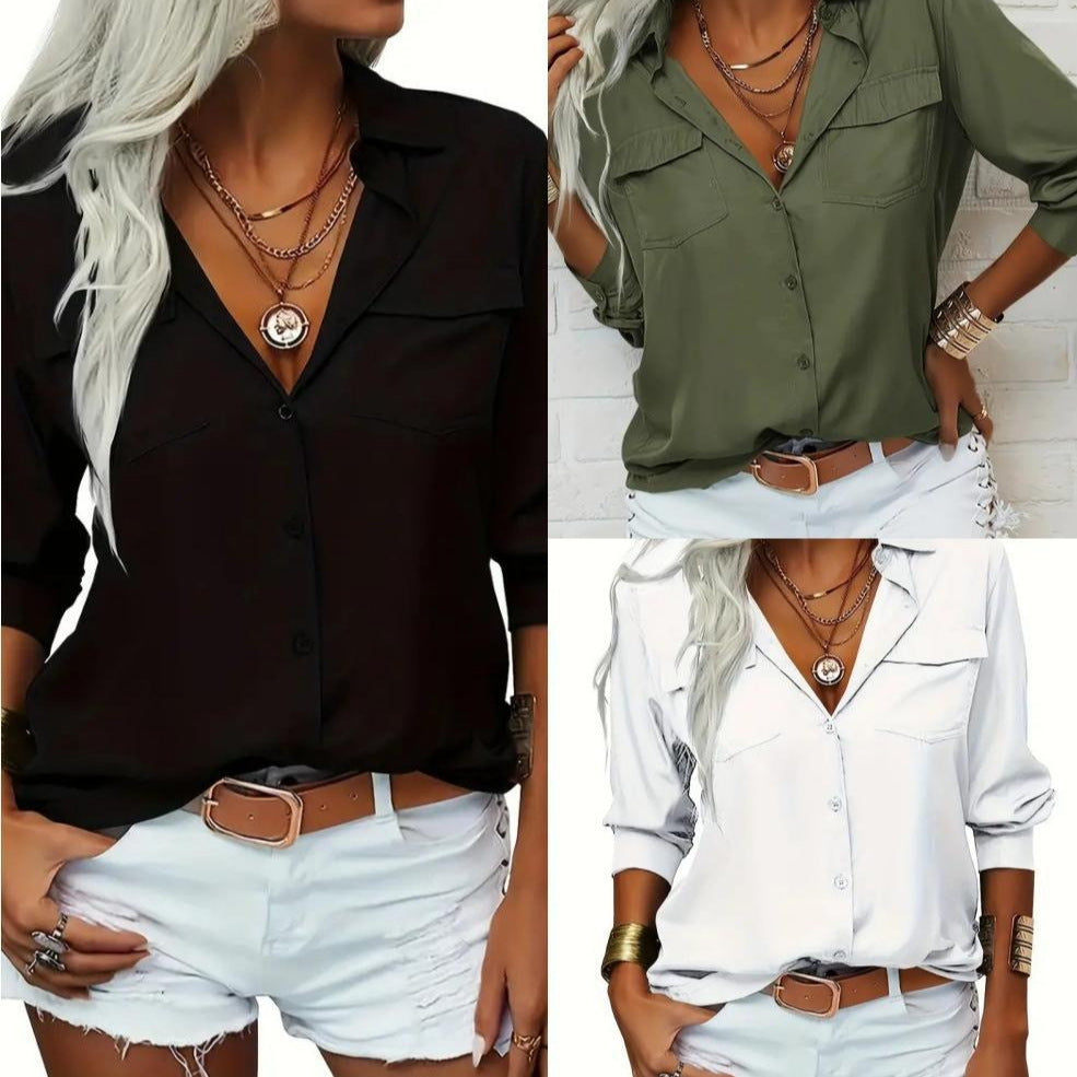 Ladies light V-neck chiffon blouse with breast pockets and buttoned front closure Mune Fashion