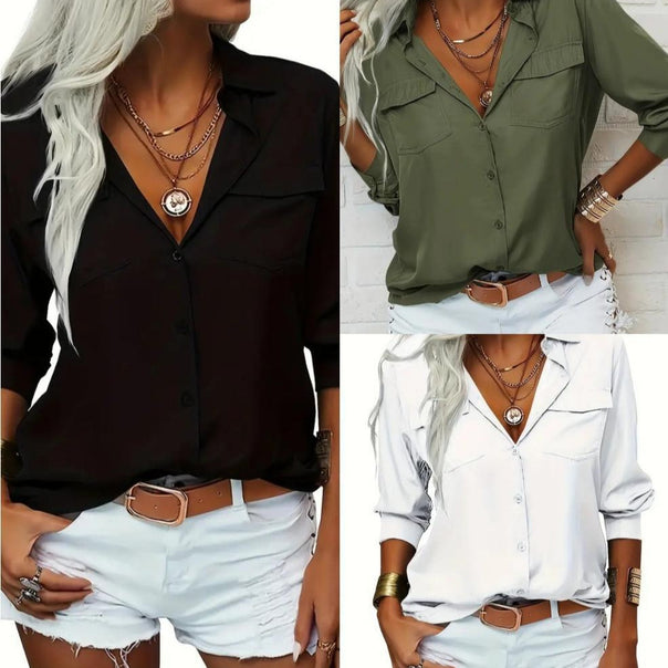 Ladies light V-neck chiffon blouse with breast pockets and buttoned front closure Mune Fashion