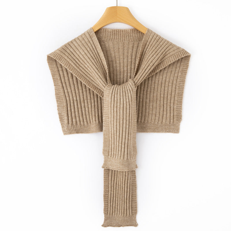 Women's Short Ribbed Knit Shoulder Warmer with Integrated Scarf Mune Fashion