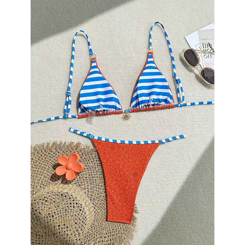 Women Triangle Bikini with trendy check pattern and playful ruffle design Mune Fashion