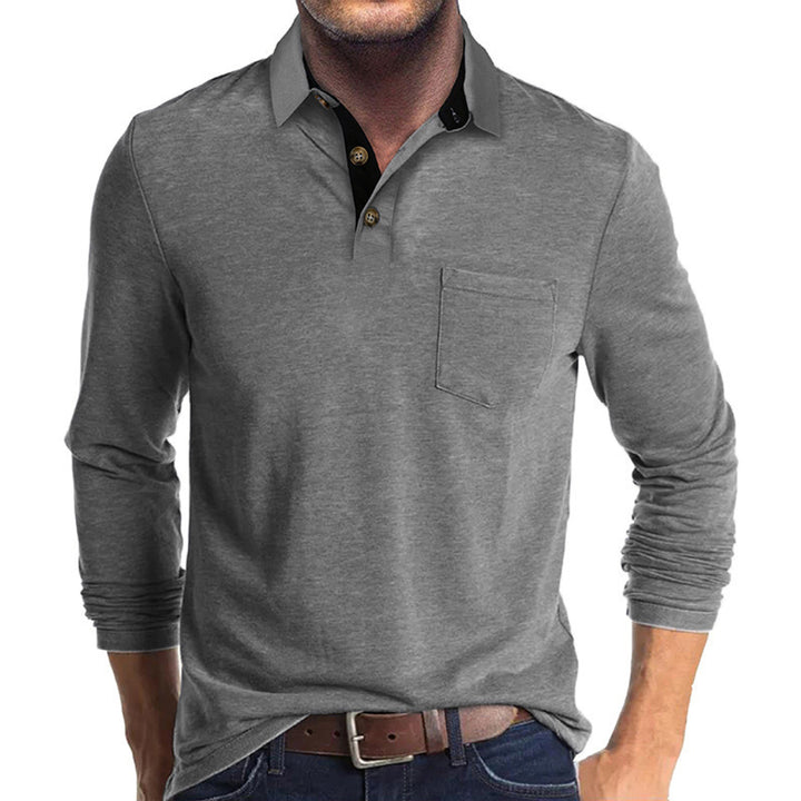 Men's long-sleeve polo shirt with chest pocket, contrasting button placket, and casual stretch fit Mune Fashion