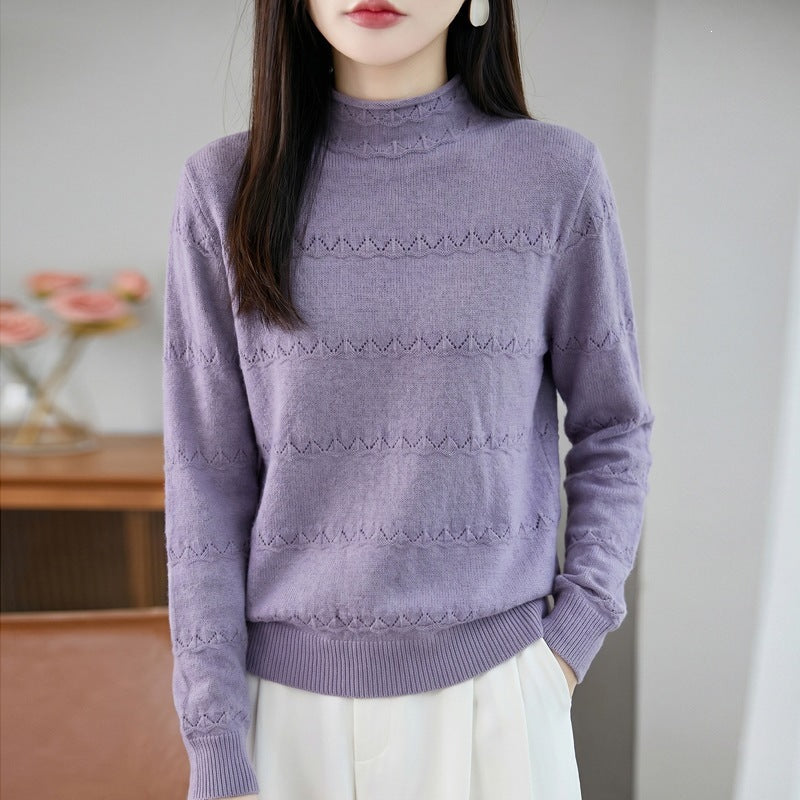 Women's lightweight lace-knit pullover with short stand-up collar and fine ribbed hem Mune Fashion