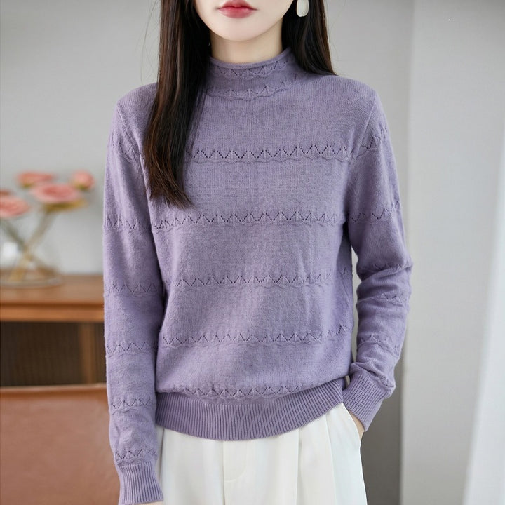 Women's lightweight lace-knit pullover with short stand-up collar and fine ribbed hem Mune Fashion