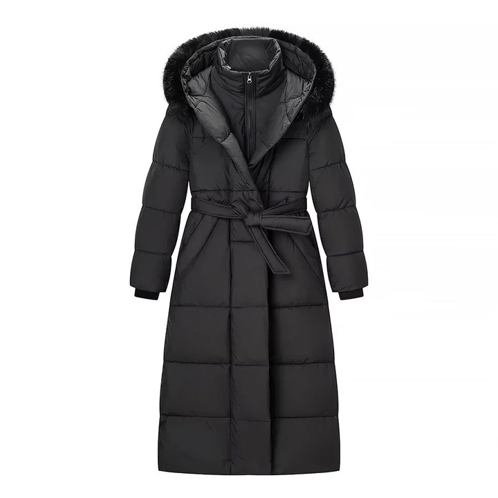 Ladies long cut thermal padded coat with separate inner jacket, hood and tie belt Mune Fashion