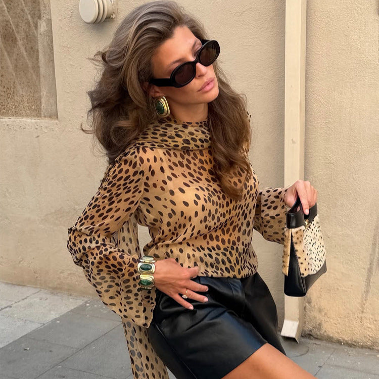 Women's Transparent Chiffon Blouse with Long Shawl Collar and Animal Print Mune Fashion