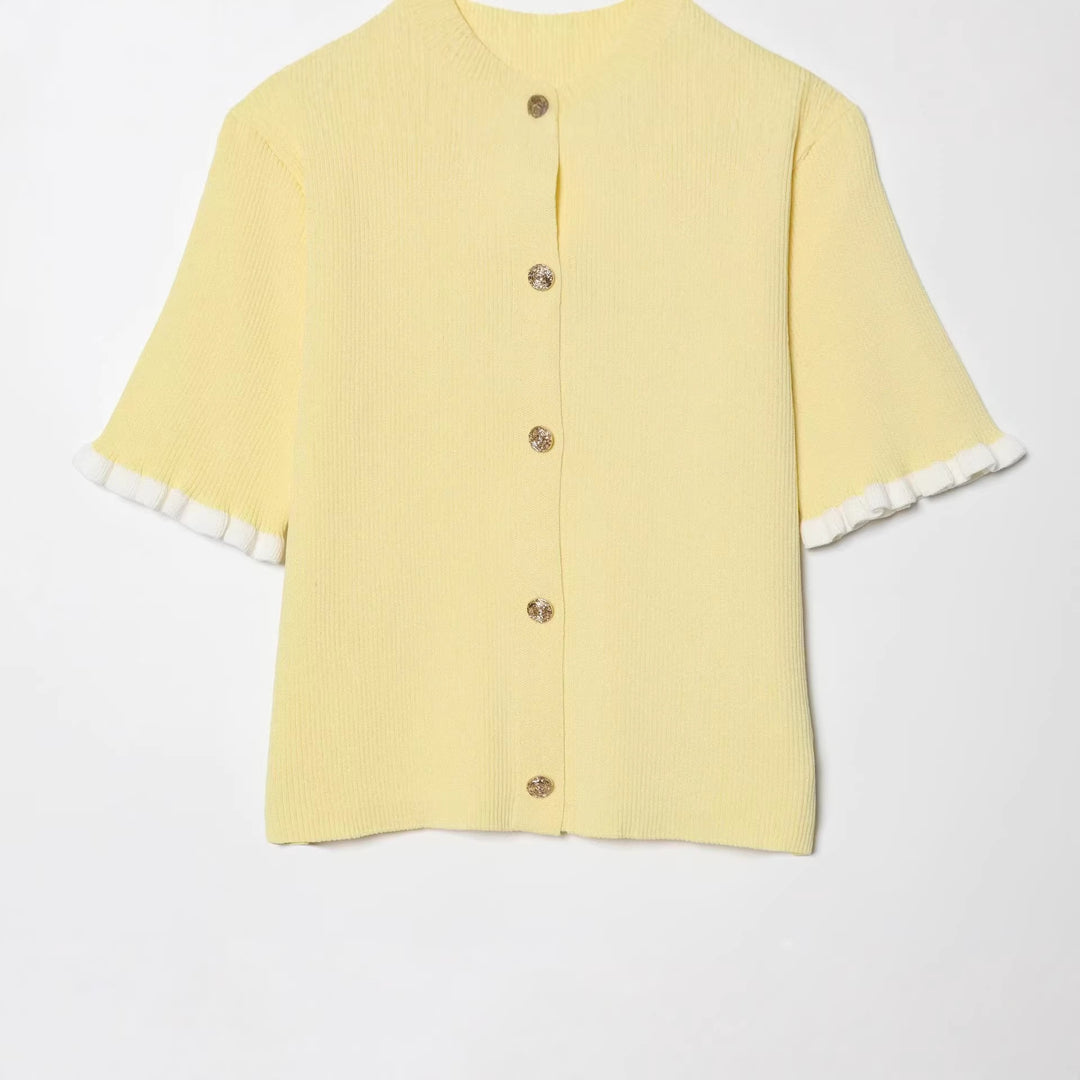 Women's Fine Ribbed Short Sleeve Cardigan with Decorative Buttons and Ruffle Sleeves Mune Fashion
