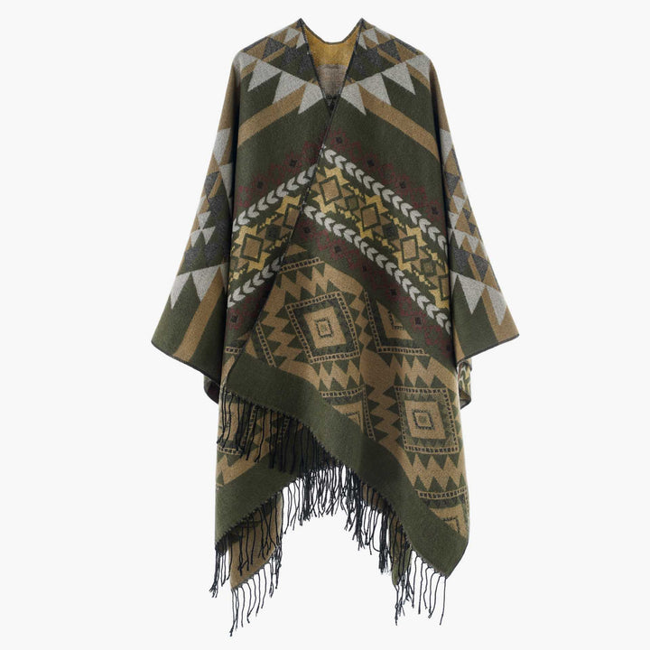 Women's Oversize Jacquard Cape in Ethno Jacquard with Fringing Mune Fashion