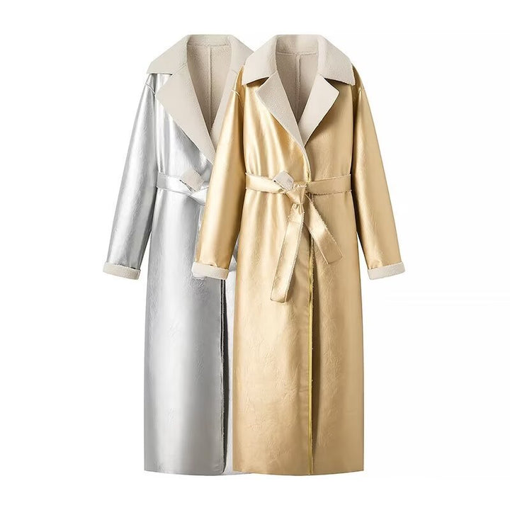 Women's longer vegan coat made of faux leather with teddy lining and tie belt Mune Fashion