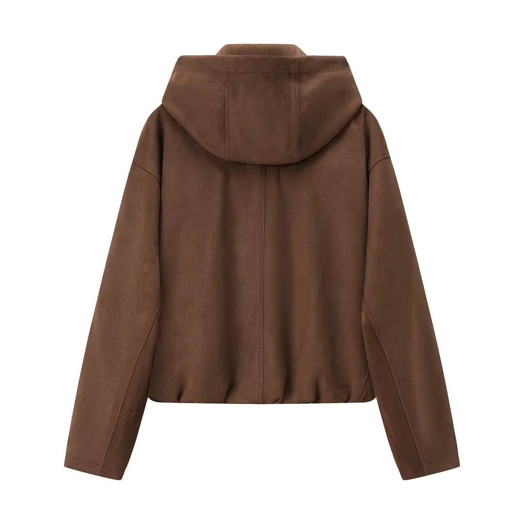 Women's casual velor imitation hoodie jacket with concealed zipper and elastic hem Mune Fashion