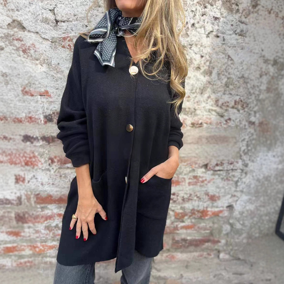 Women Oversized Knit Coat-Cardigan with Sewn Pockets and Decorative Buttons Mune Fashion
