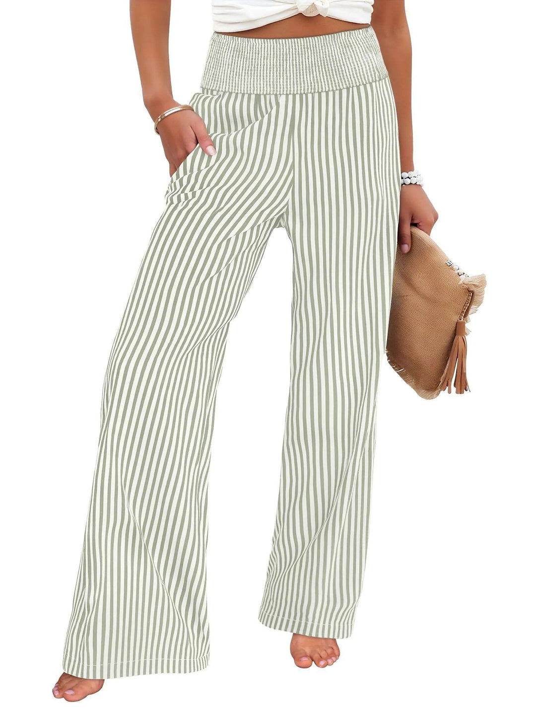 Women's Striped Palazzo Pants with High Ruffled Waist and Wide Leg Mune Fashion