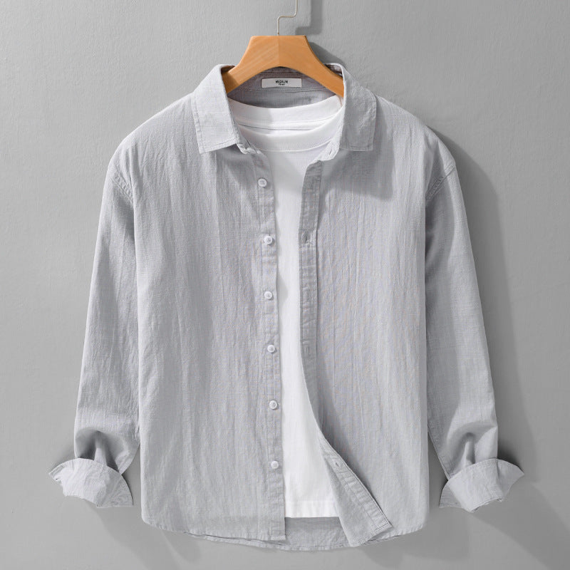 Men's Lightweight Crinkle Linen Cotton Shirt in Layering Style with Kent Collar Mune Fashion