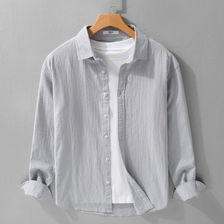 Men's Lightweight Crinkle Linen Cotton Shirt in Layering Style with Kent Collar Mune Fashion
