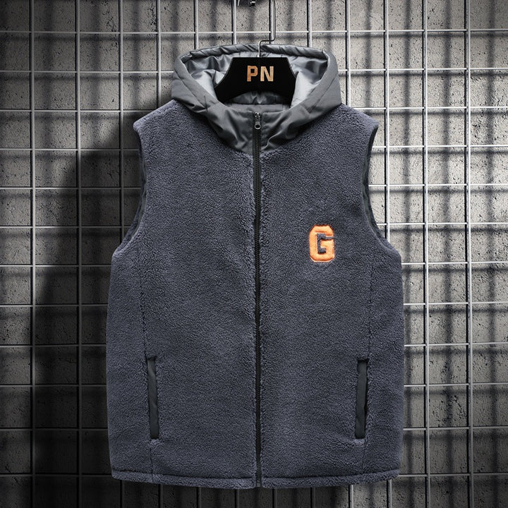 Men's Padded Teddy Fleece Vest with Hood, Full Zip and Letter Patch Mune Fashion