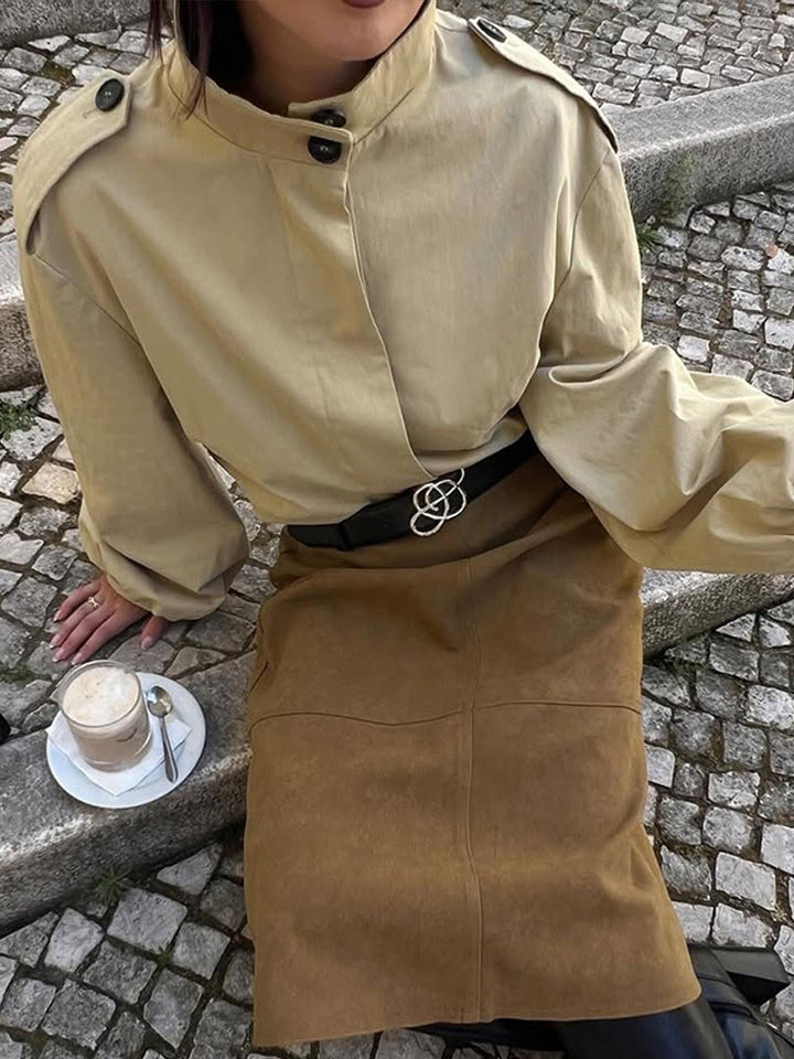 Women's Short Blouse-Trench with Stand-up Collar, Shoulder Patches and Balloon Sleeves Mune Fashion