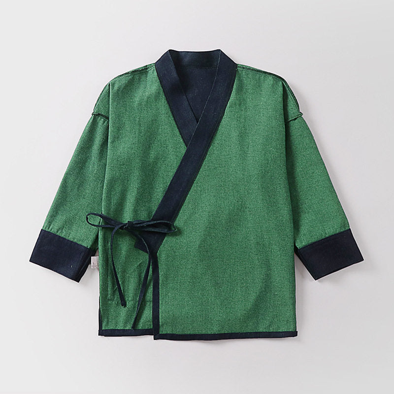 Unisex Lightweight Wrap Kimono Jacket made of Linen-Cotton Blend with Contrast Trim and Tie Belt Mune Fashion