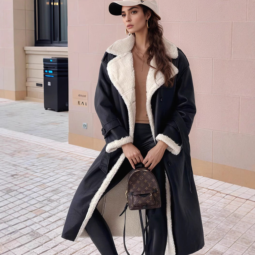 Women's Long Coat with Teddy Lining, Double-Breasted Button Placket and Tailored Fit Mune Fashion