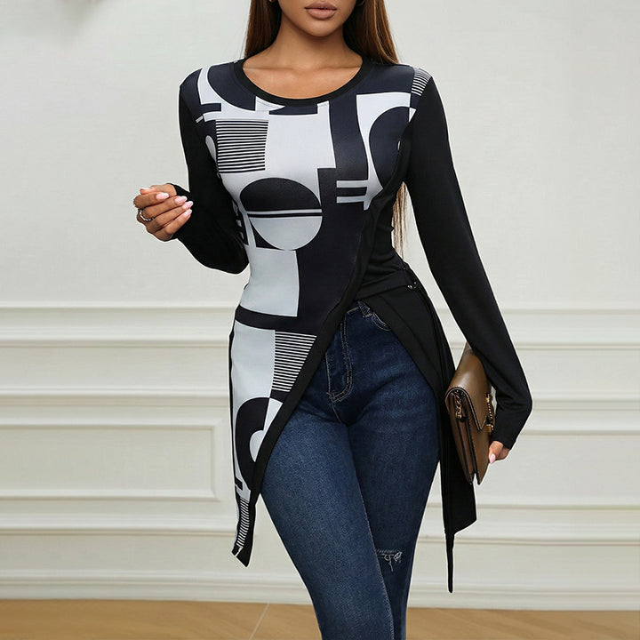 Women's asymmetrical long sleeve top with geometric pattern Mune Fashion