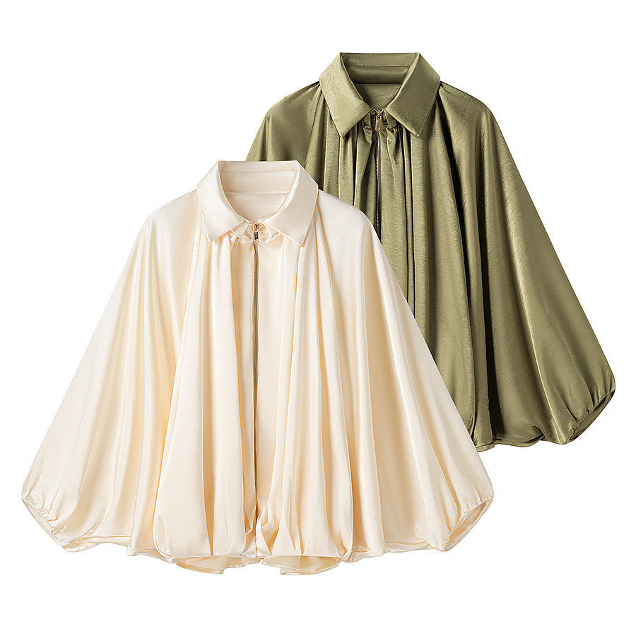 Women Silky-flowing Cape Blouse with Zipper, Balloon Sleeves, and Shirt Collar Mune Fashion