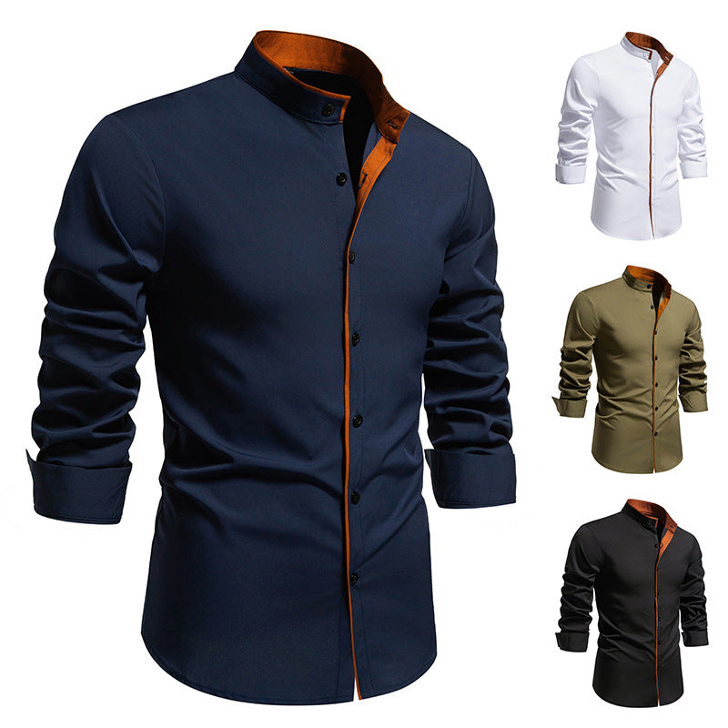 Men's slim fit shirt with stand-up collar, contrasting piping, and stretch cotton blend Mune Fashion