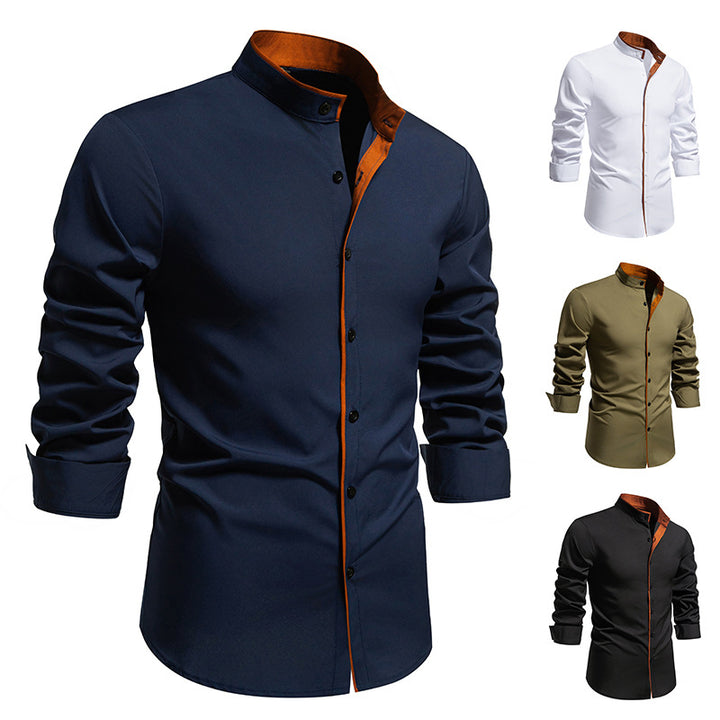 Men's slim fit shirt with stand-up collar, contrasting piping, and stretch cotton blend Mune Fashion