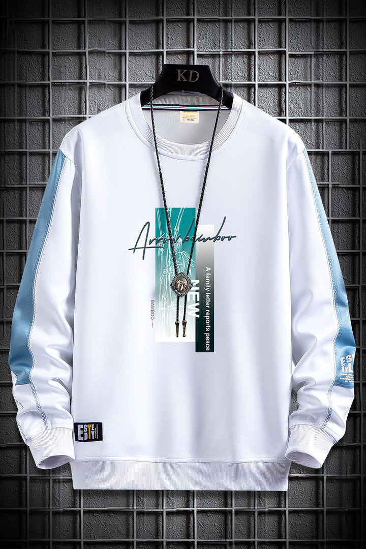 Men's sporty-urban round neck sweatshirt with contrasting sleeves, ribbed cuffs & front graphic print Mune Fashion