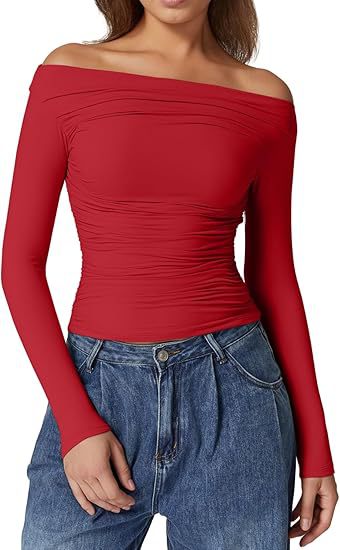 Women's Off-Shoulder Tailored Stretch Long Sleeve with Gathering and Figure-Hugging Silhouette Mune Fashion