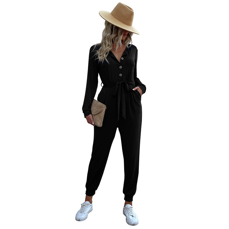 Women's Casual One-Piece Jumpsuit with Button Placket, Tie Belt and Ribbed Cuffs Mune Fashion