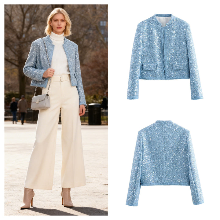 Women Short Cropped Boucle Tweed Jacket with Sequin Trim and Flap Pockets Mune Fashion