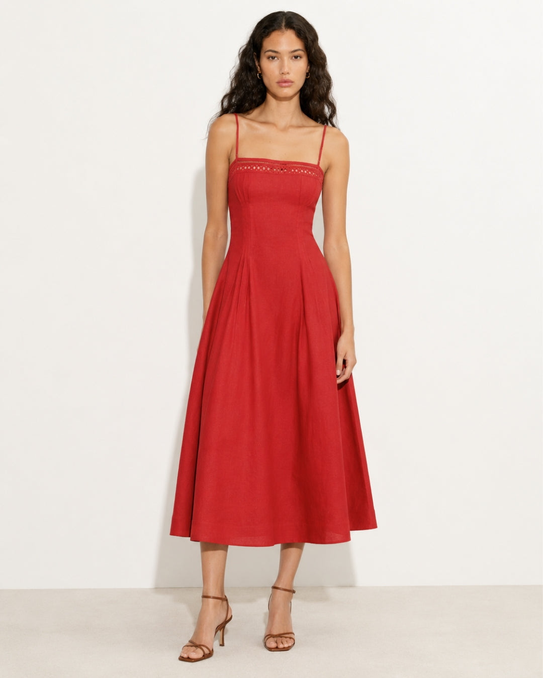 Women's Vintage-inspired Midi Dress with Slim Spaghetti Straps, Lace Insert and Flared Skirt Mune Fashion