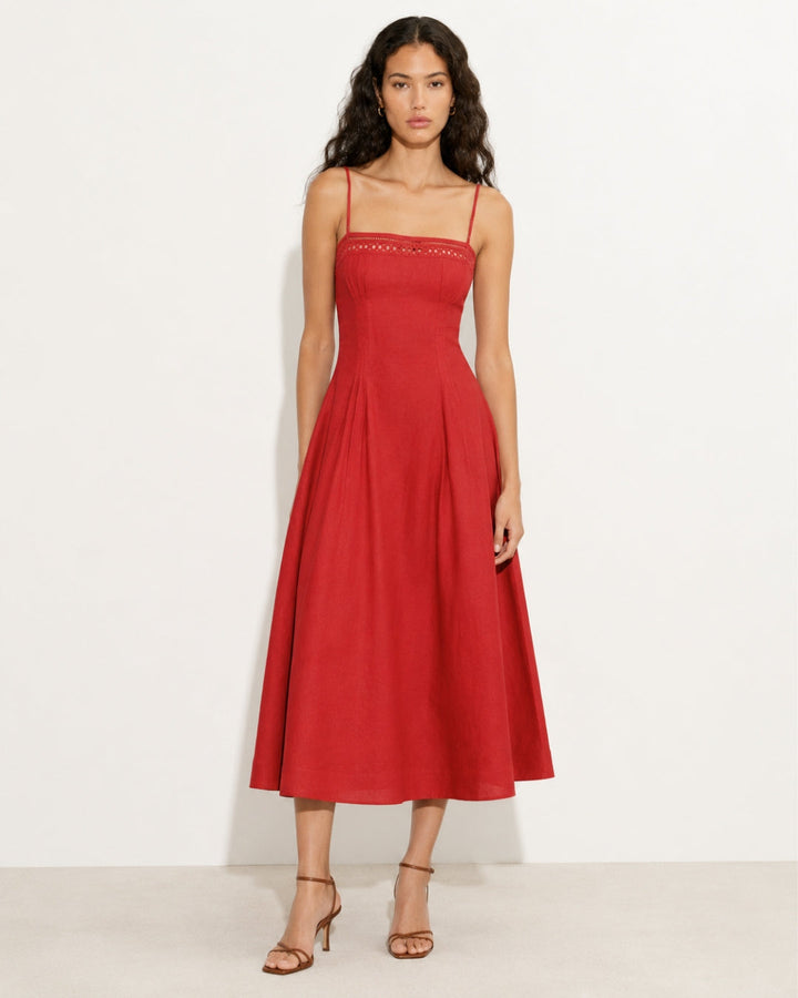 Women's Vintage-inspired Midi Dress with Slim Spaghetti Straps, Lace Insert and Flared Skirt Mune Fashion