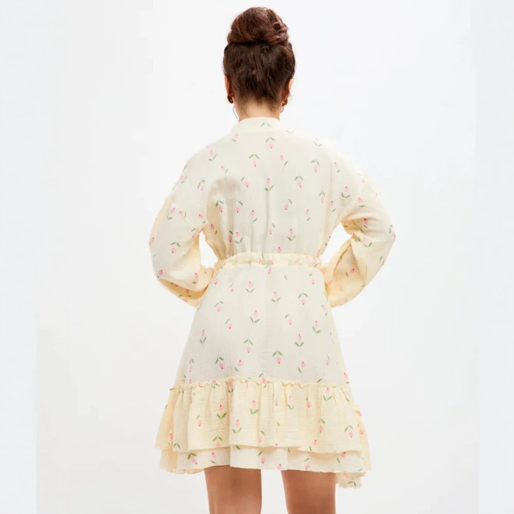 Ladies Floral Cotton Mini Dress with Waist Lacing and Ruffle Hem Mune Fashion
