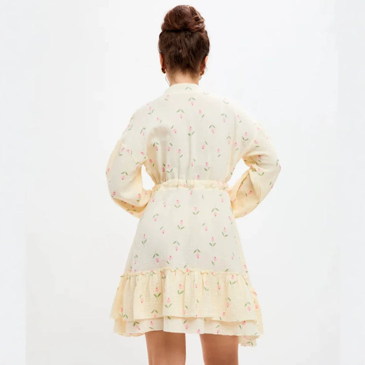 Ladies Floral Cotton Mini Dress with Waist Lacing and Ruffle Hem Mune Fashion