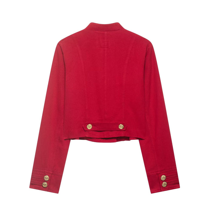 Women Short Military Jacket in Cropped Cut with Stand-up Collar and Golden Decorative Buttons Mune Fashion