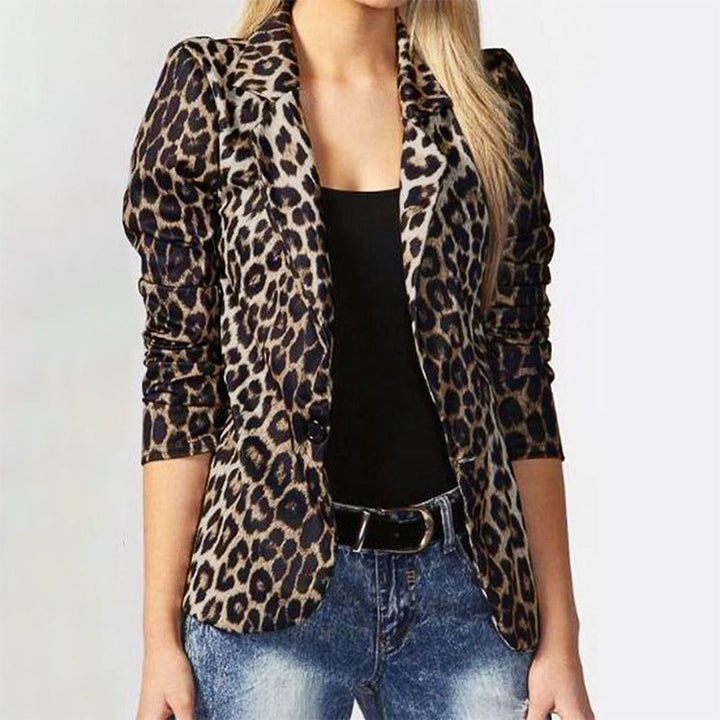 Women Elegant Leopard Pattern Blazer Jacket with Tailored Cut Mune