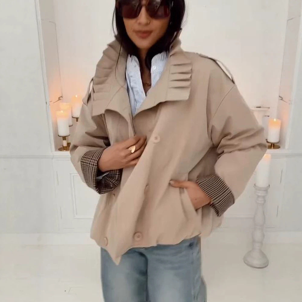 Women's Short Cut Boxy Utility Jacket with Pleated Collar and Check Inner Cuffs Mune Fashion
