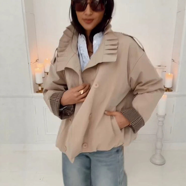 Women's Short Cut Boxy Utility Jacket with Pleated Collar and Check Inner Cuffs Mune Fashion