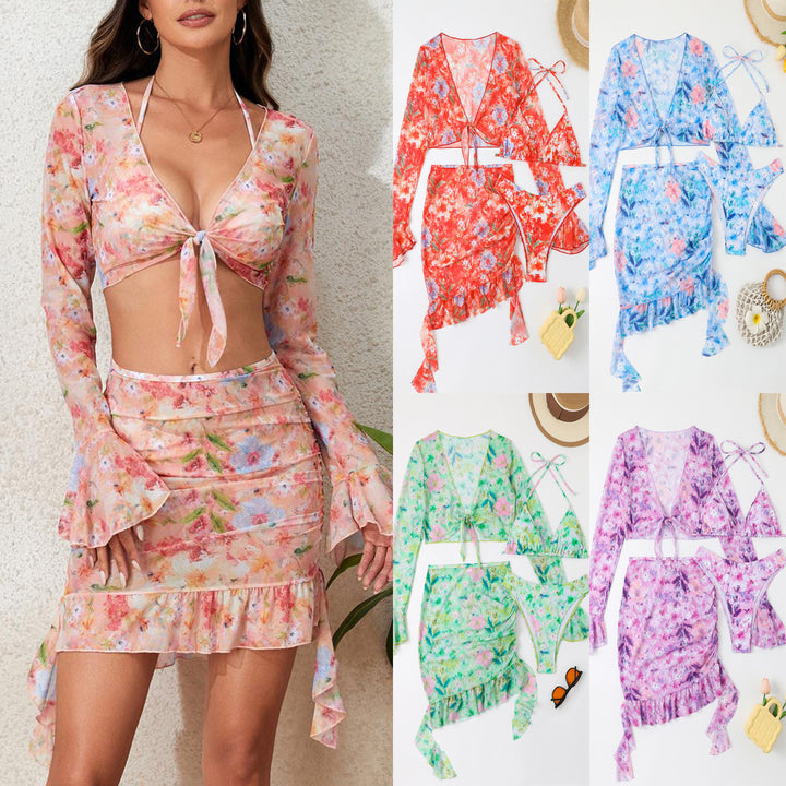 Women's bathing set with floral design, short top and wrap skirt Mune Fashion