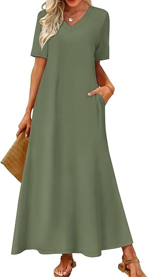 Women's Long A-Line Maxi Dress with V-Neck, Short Sleeves and Side Pockets Mune Fashion
