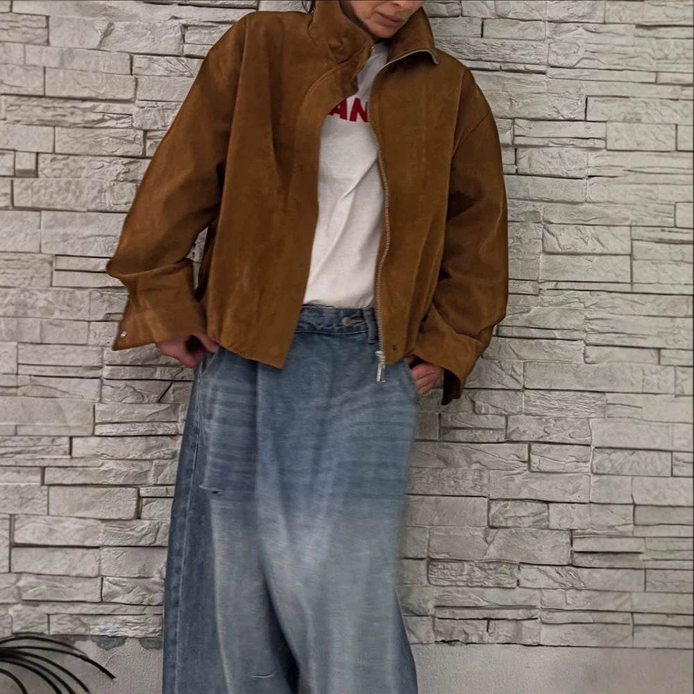 Women's Oversize Suede Blouson with High Standing Collar and Metal Zipper Mune Fashion